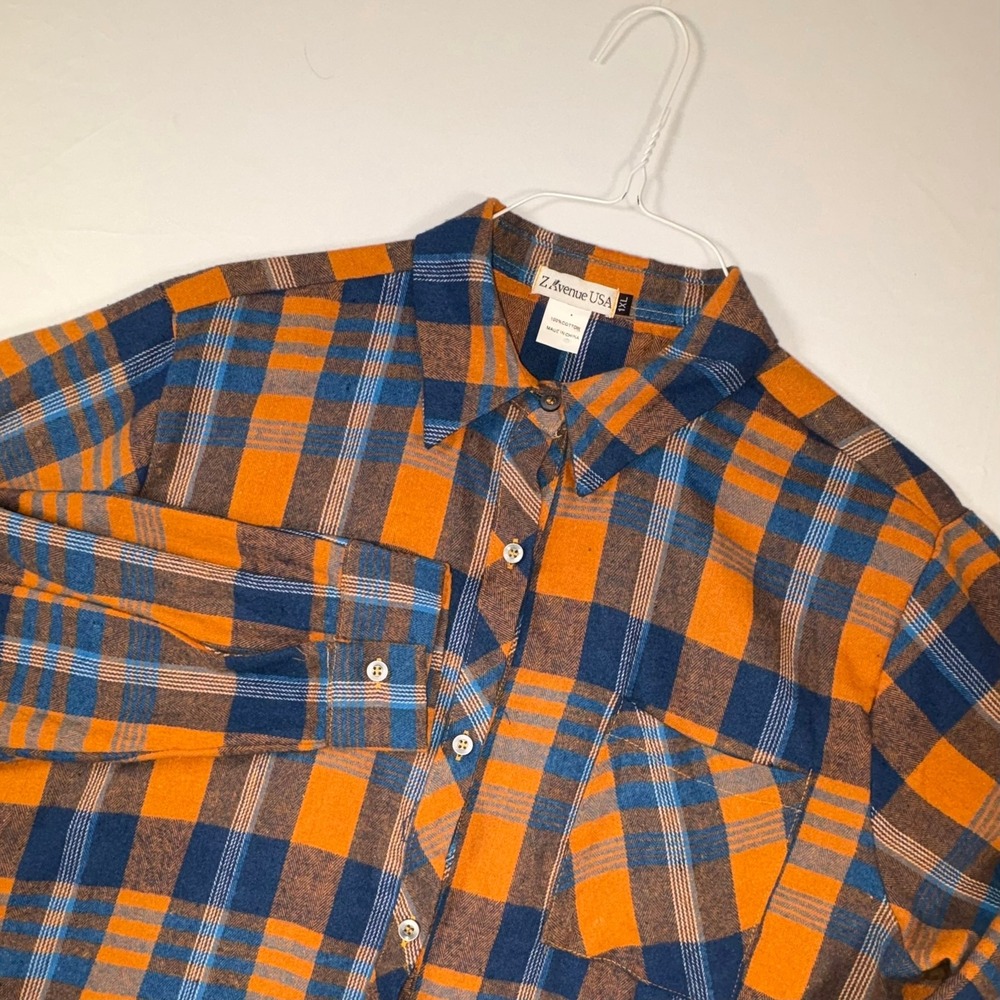 Z Avenue USA Mens 1XL Orange Blue Plaid Cotton Flannel Button Down Flannel Shirt